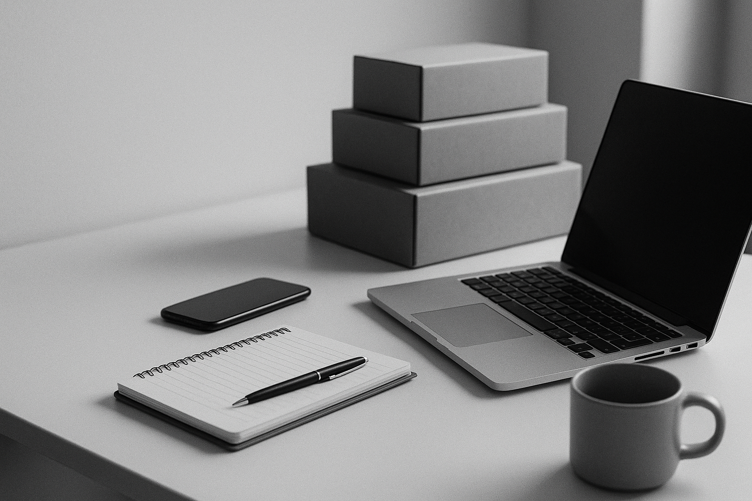 Black and white seller's desk, monochrome